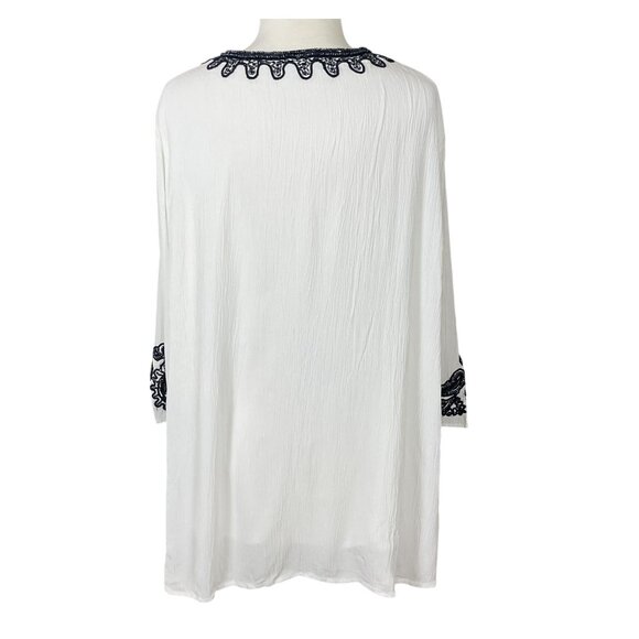 Chicos White Gauze 3/4 Sleeve V-Neck Lined Navy Beaded Embellished Tunic 16/18 - Picture 8 of 14